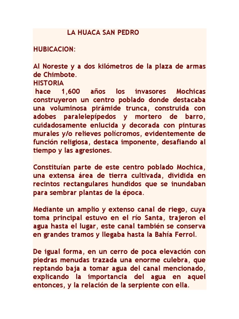 Huaca San Pedro Ubicacion y Manifestaciones Culturales PDF Historia