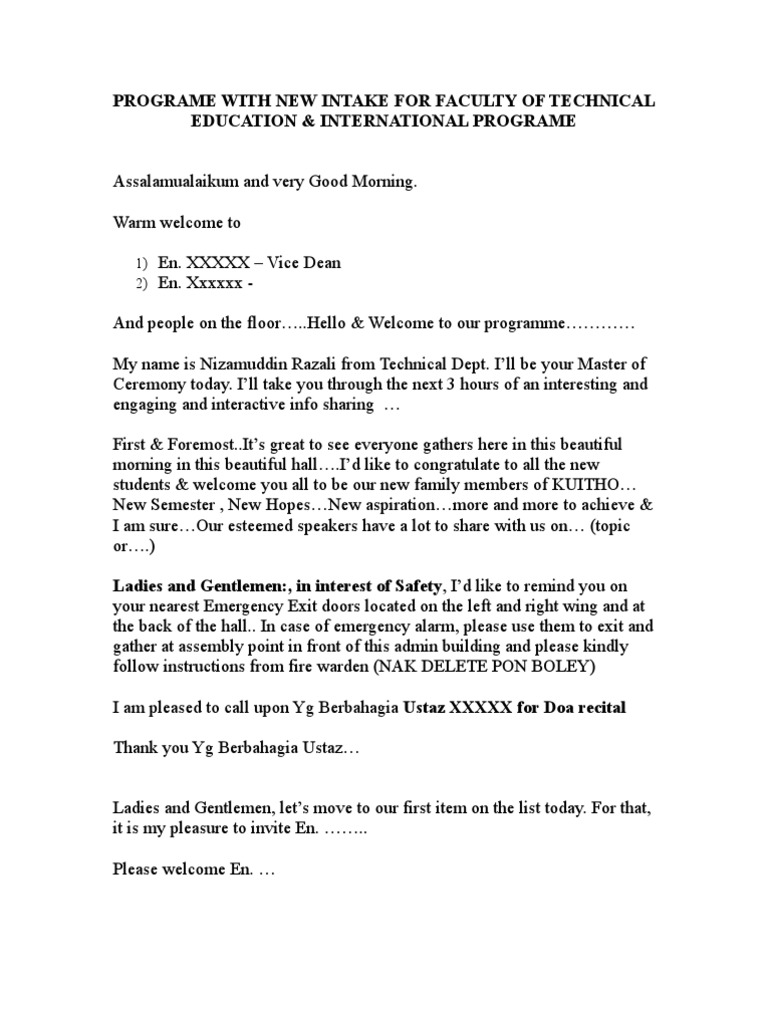 Script For Master Of Secemony