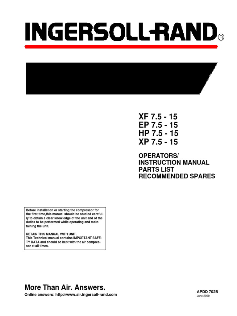 Manual de Compresor Ingersoll Rand | Gas Compressor | Valve. Ingersoll Rand  SSR 25 ...