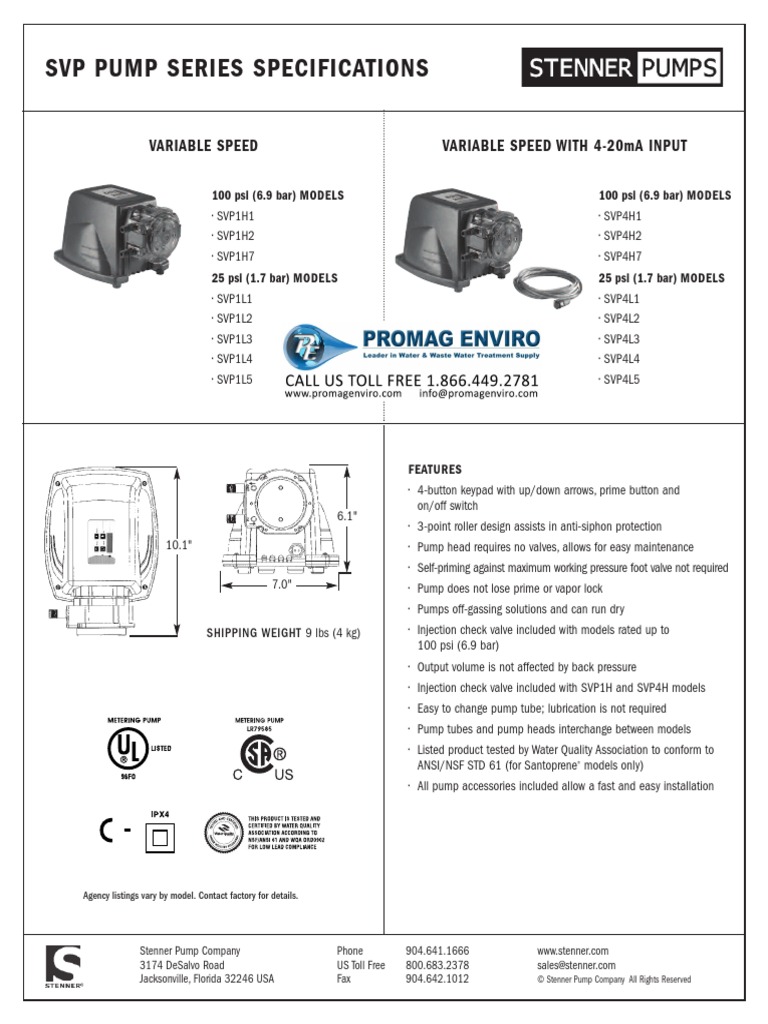 Stenner SVP4 With Analog Input Series Peristaltic Metering Pump Spec