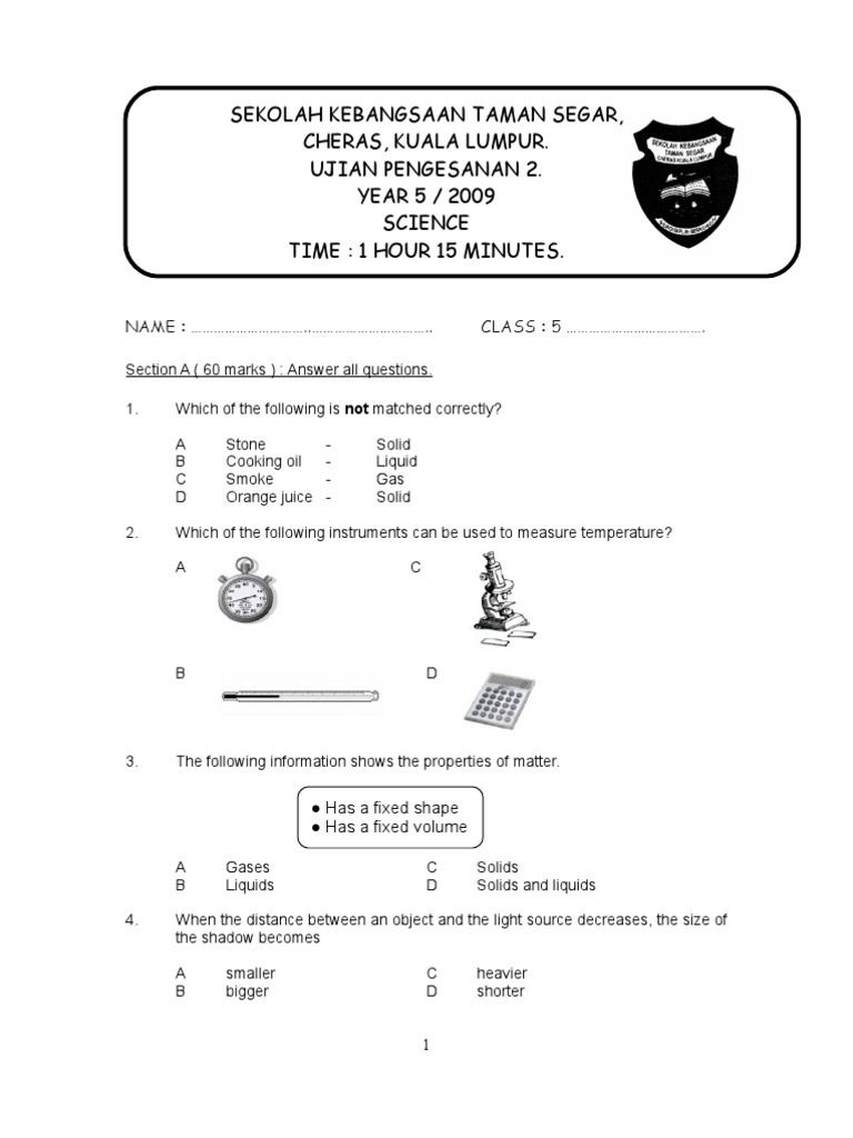 Year 5 Science Test Paper Pdf Ice Liquids