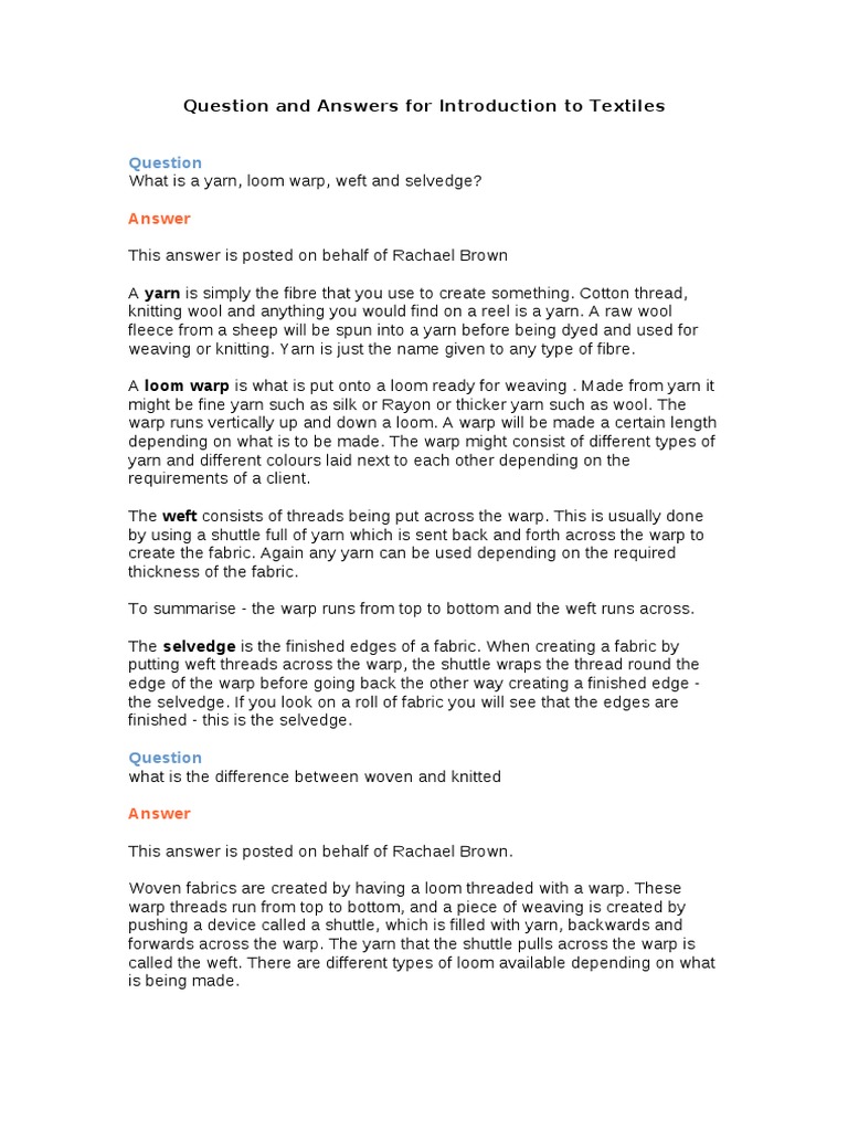 Question and Answers For Introduction To Textiles PDF Yarn Textiles