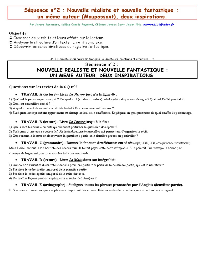 4 Sq2 Oi Maupassant Entre Realisme Et Fantastique Pdf Guy De Maupassant Lecture Processus