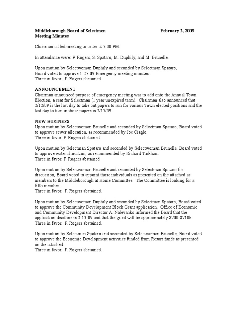Middleborough Selectmen Meeting Minutes | PDF | Government | Business