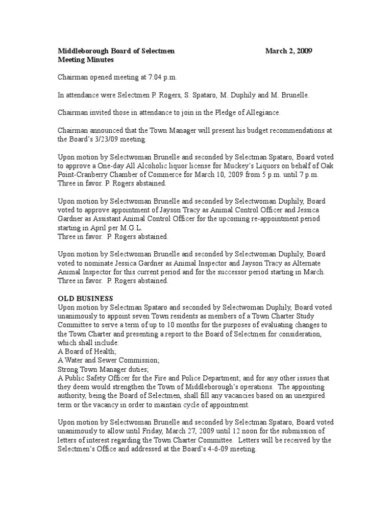 Middleborough Selectmen Meeting Minutes | PDF | Government