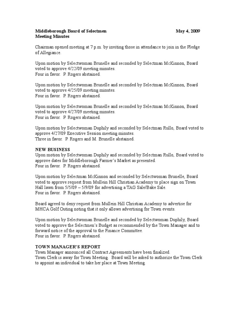 Middleborough Board of Selectmen May 4, 2009 Meeting Minutes | PDF ...