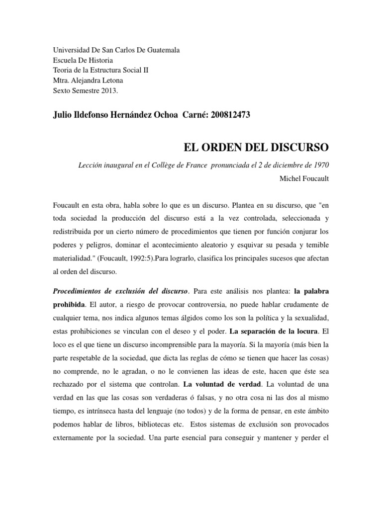 El análisis del orden del discurso según Michel Foucault PDF Michel Foucault Autor