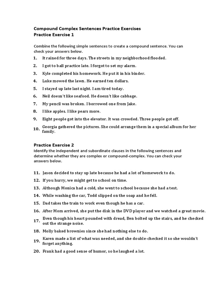 Compound Complex Sentences Practice Exercises | PDF | Syntax | Style  (Fiction)