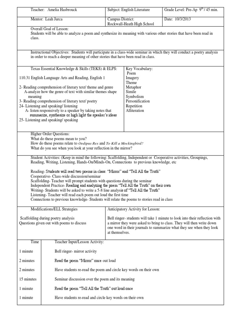 Lesson Plan Mirror and Tell All The Truth PDF Reading Comprehension