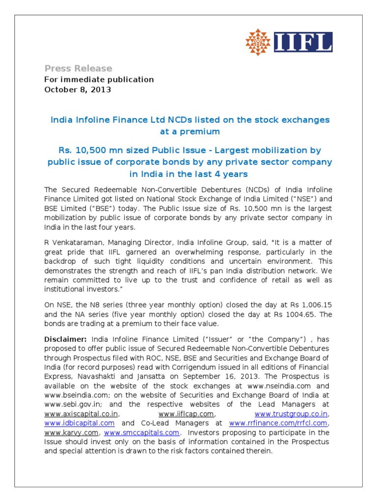 India Infoline Finance LTD NCDs Listed On The Stock Exchanges at A