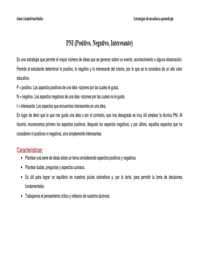Estrategia PNI: Positivo, Negativo, Interesante | PDF | Aprendizaje ...