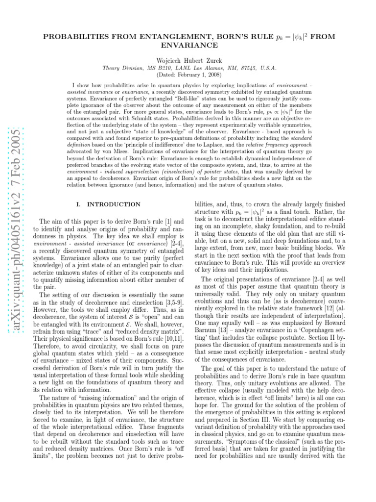 Borns Rule From Decoherence and Evarience | PDF | Quantum Entanglement ...