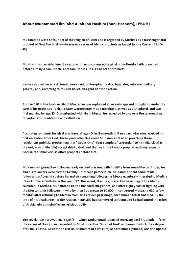 About Muhammad Ibn 'Abd Allah Ibn Hashim (Bani Hashem), (PBUH) | PDF