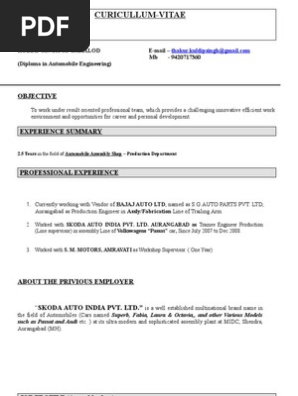 Resume of an Automobile Engineer [Kuldipsingh]