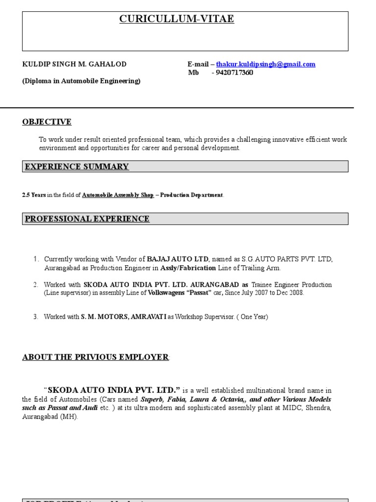 Resume of an Automobile Engineer [Kuldipsingh]  Car  Volkswagen