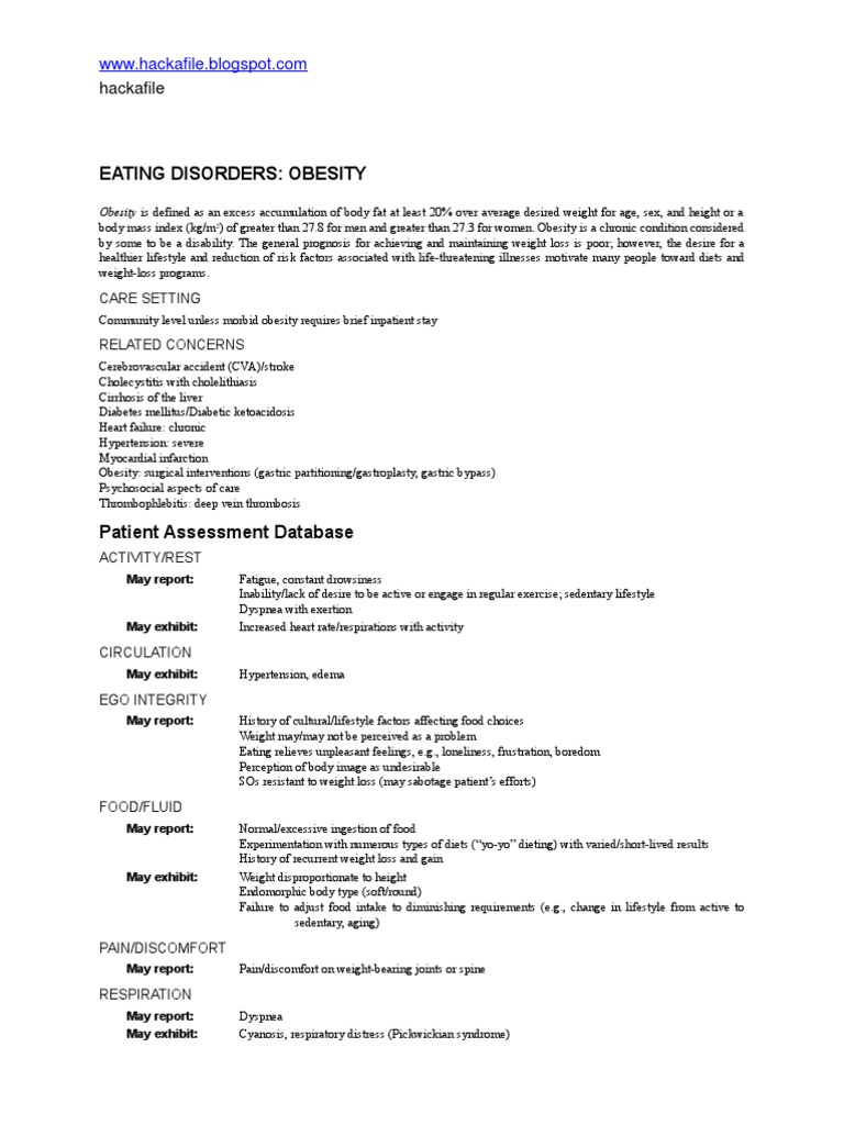 Nursing Care Plan for "Eating Disorders _obesity" Obesity Weight Loss
