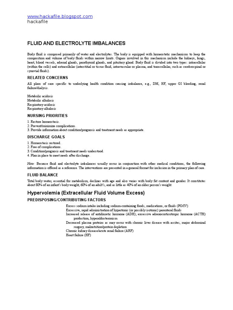 Nursing Care for Electrolyte Imbalance | PDF | Homeostasis | Dehydration