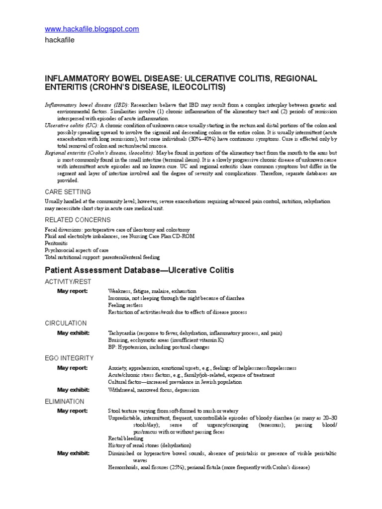 Nursing Care Plan for "Inflammatory Bowel Disease" Inflammatory Bowel