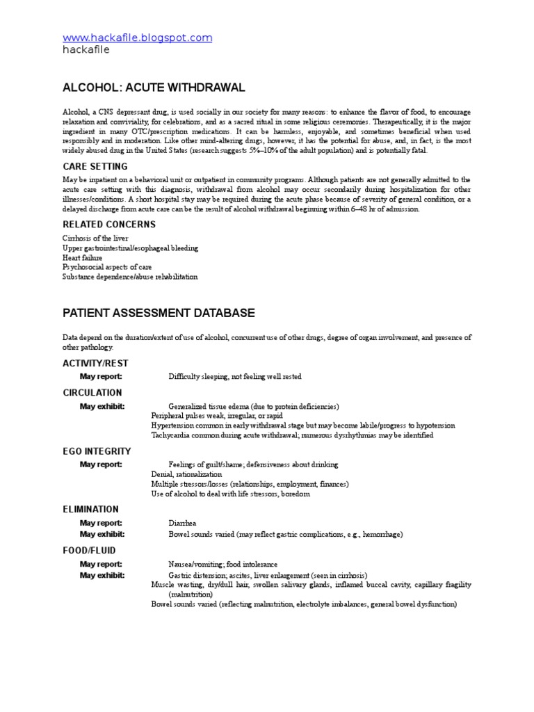 Nursing Care Plan for "Alcohol Acute Withdrawal" Alcoholism Pneumonia