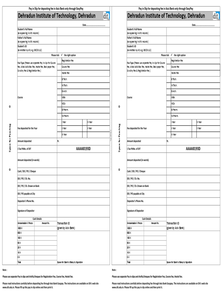 Axis Bank EasyPay in SlipDIT Dehradun Cheque Deposit Account