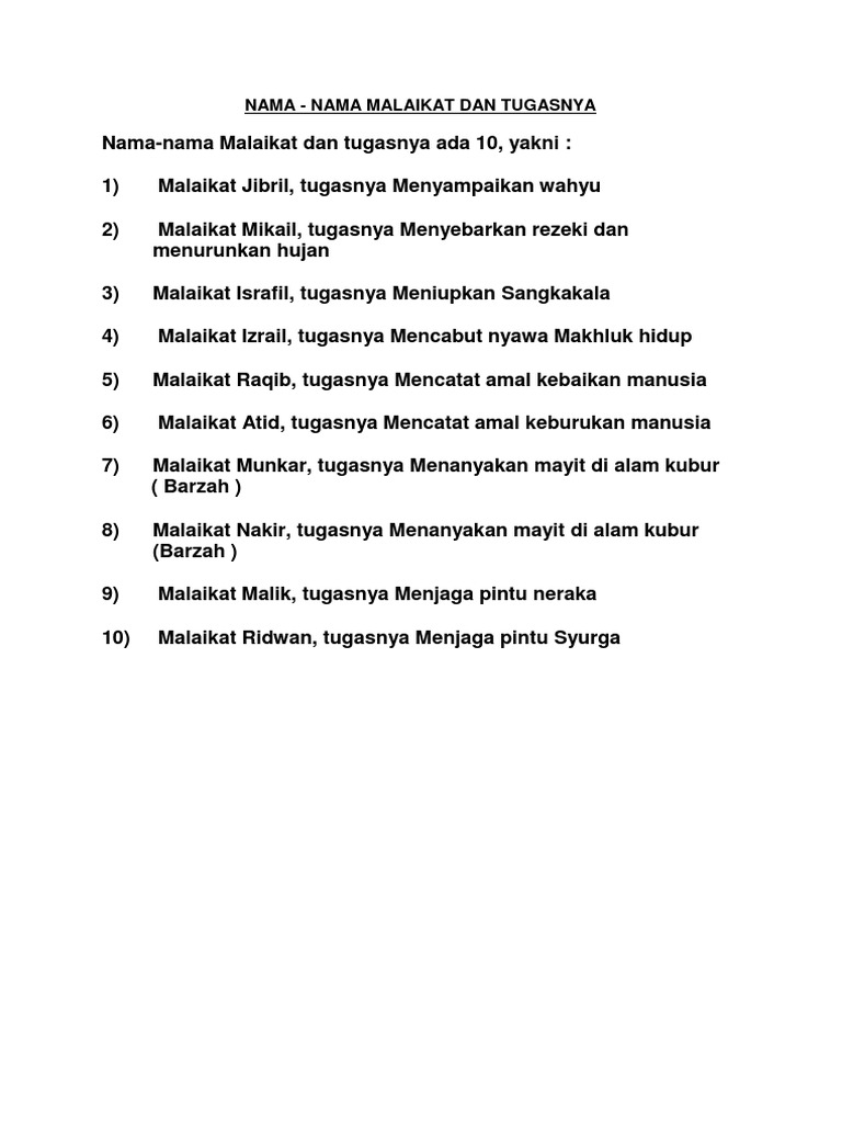 Nama Malaikat Dan Tugasnya