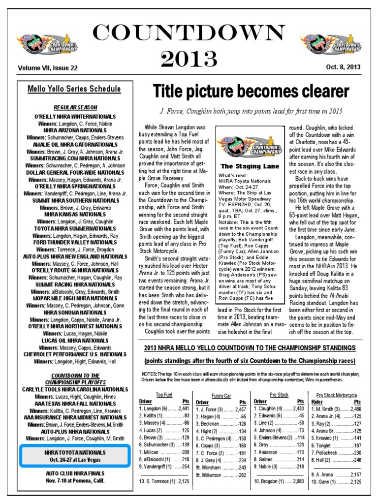 NHRA Countdown Standings Update | PDF | Stock Car Racing | Auto Racing