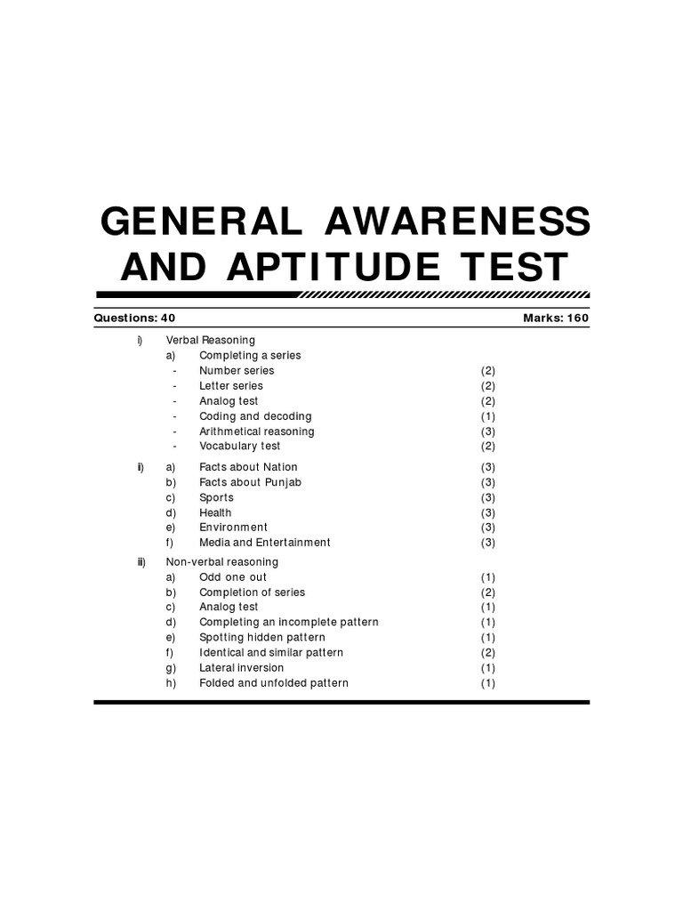 General Awareness And Aptitude Test Questions 40 Marks 160