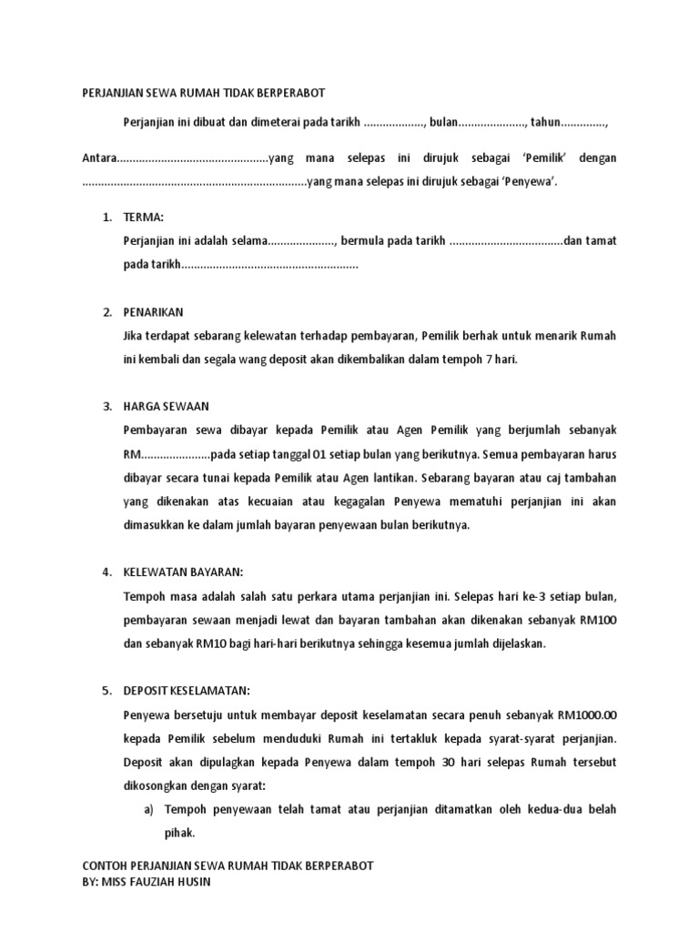 Perjanjian Sewa Rumah Tidak Berperabot Pdf