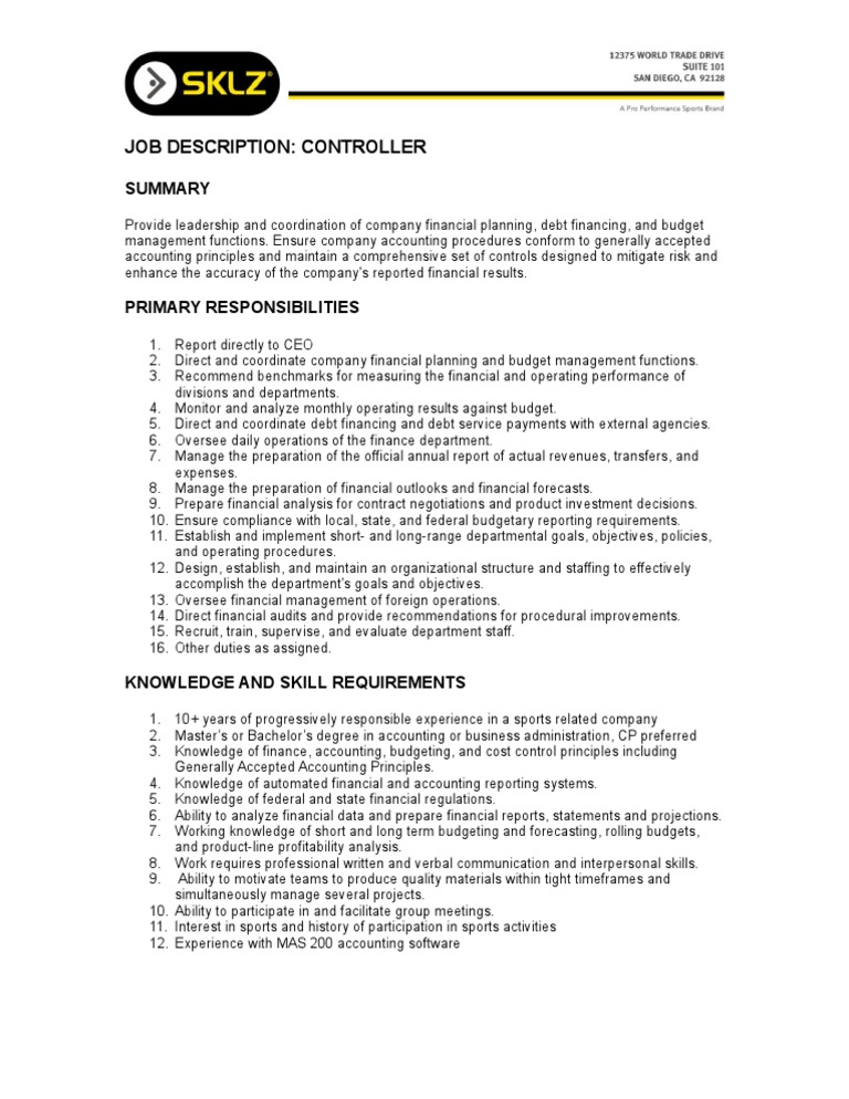Controller Job Description PDF Accounting Regulatory Compliance