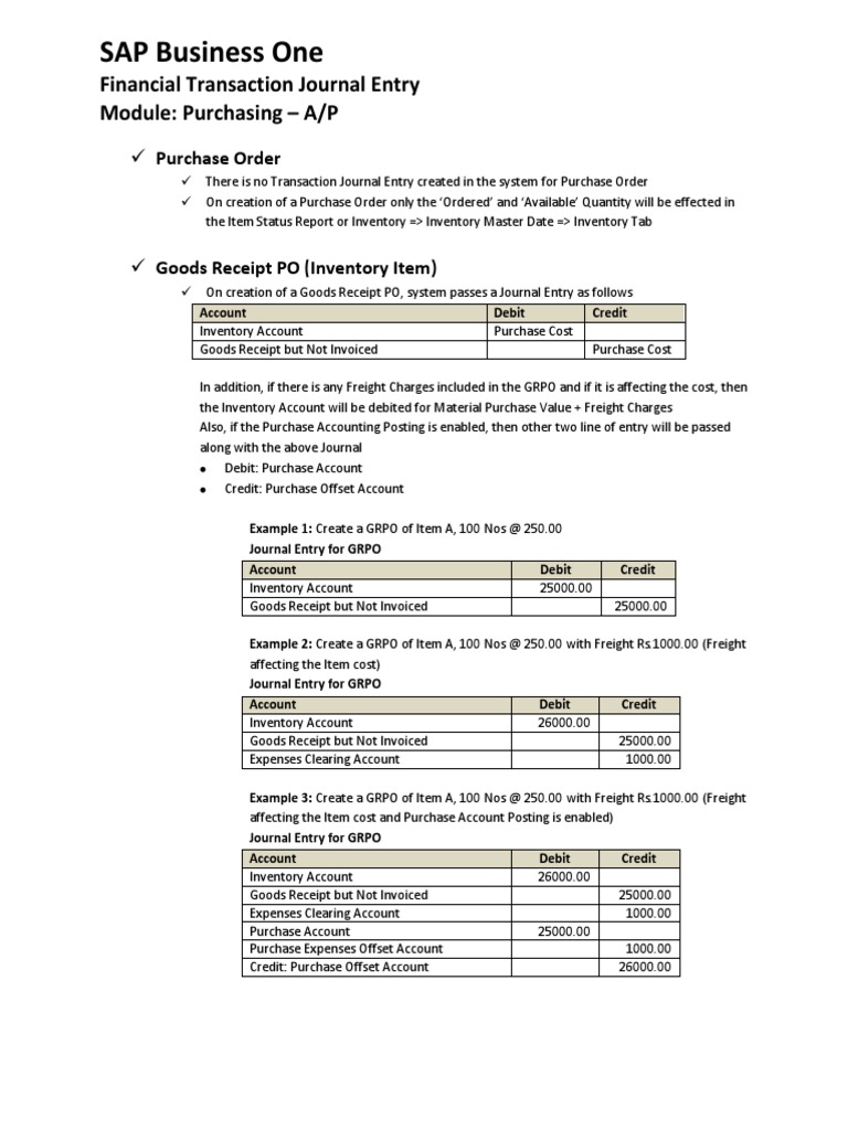 SAP B1 Purchase Journal Entries Guide | PDF | Debits And Credits ...