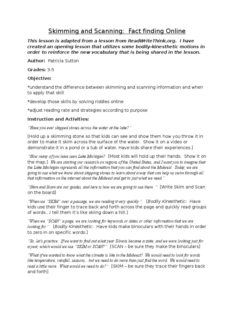 Skimming and Scanning Skills for Kids | PDF | Speed Reading ...