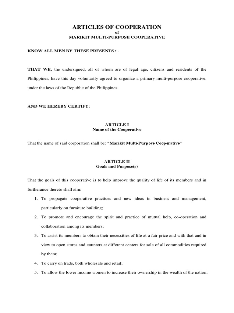 Articles Of Cooperation Cooperative PDF Cooperative Makati