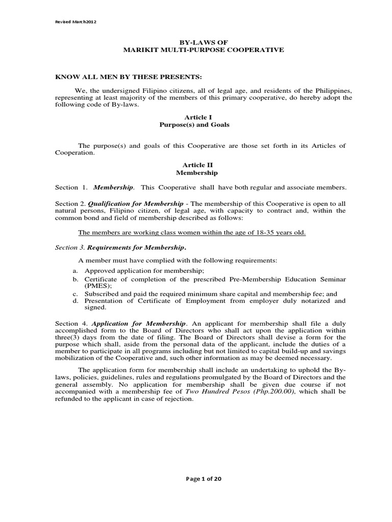 By Laws of Marikit Cooperative (Sample)