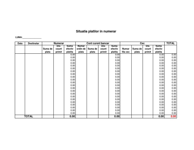 Situatia Platilor in Numerar: Total Numerar Cont Curent Bancar Cec | PDF