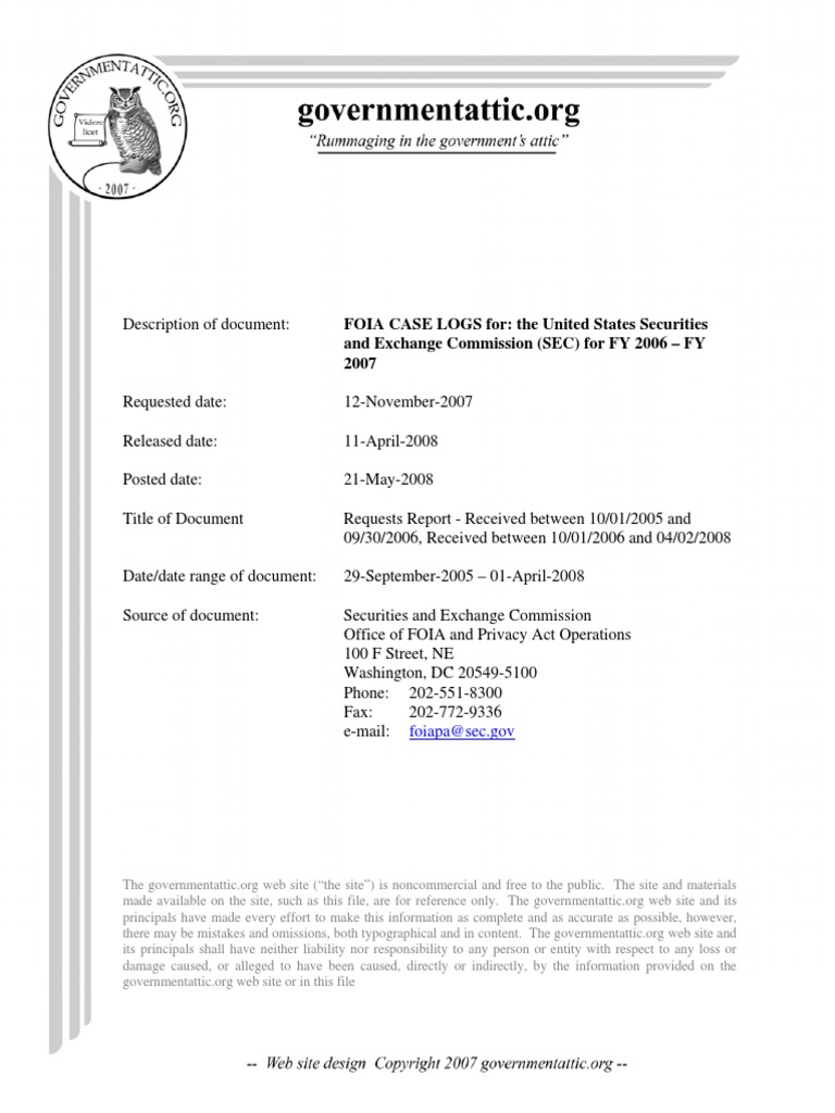 Foia Logs Sec Fy2006 07 Pdf Freedom Of Information Act United States U S Securities And Exchange Commission