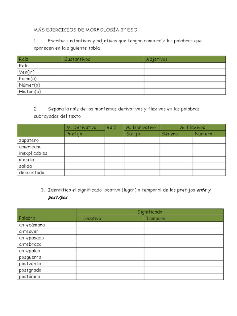 Más Ejercicios de Morfología 3º Eso