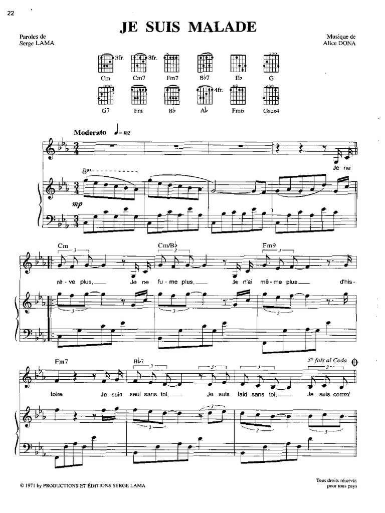 Je Suis Malade Serge Lama Sheetmusic Partition