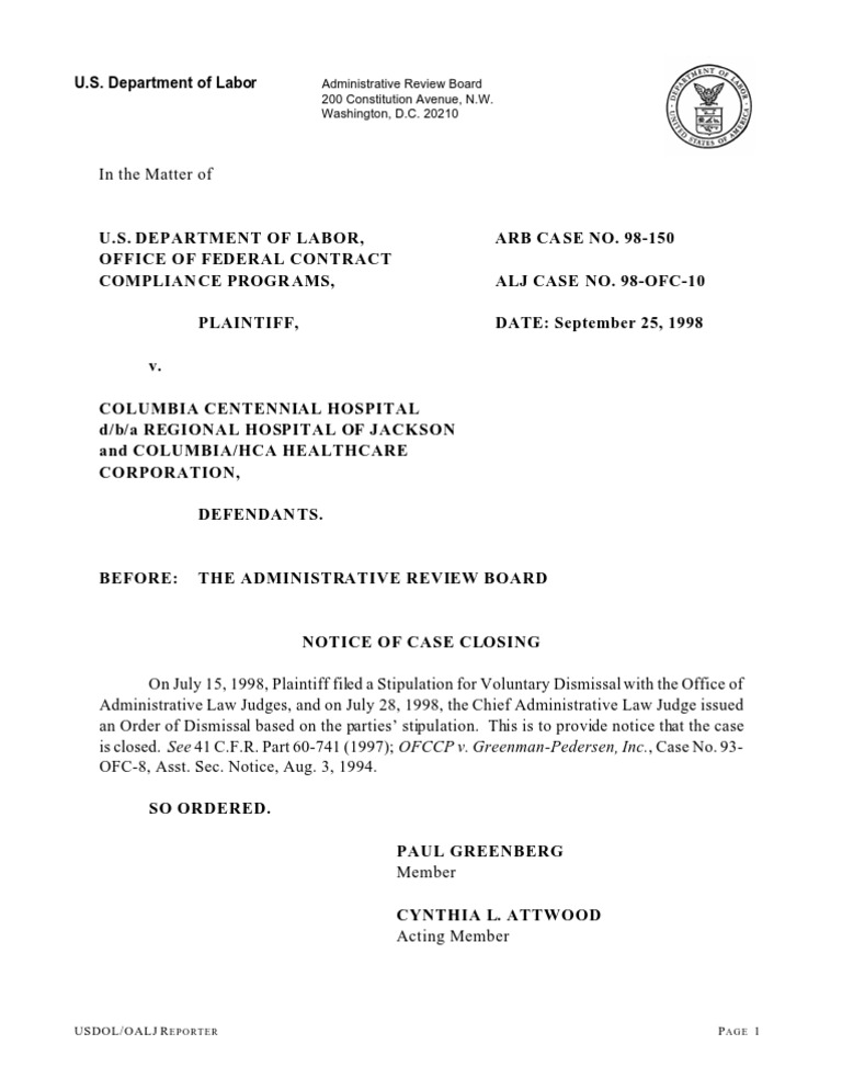 USDOL ARB Case Closure Notice | PDF