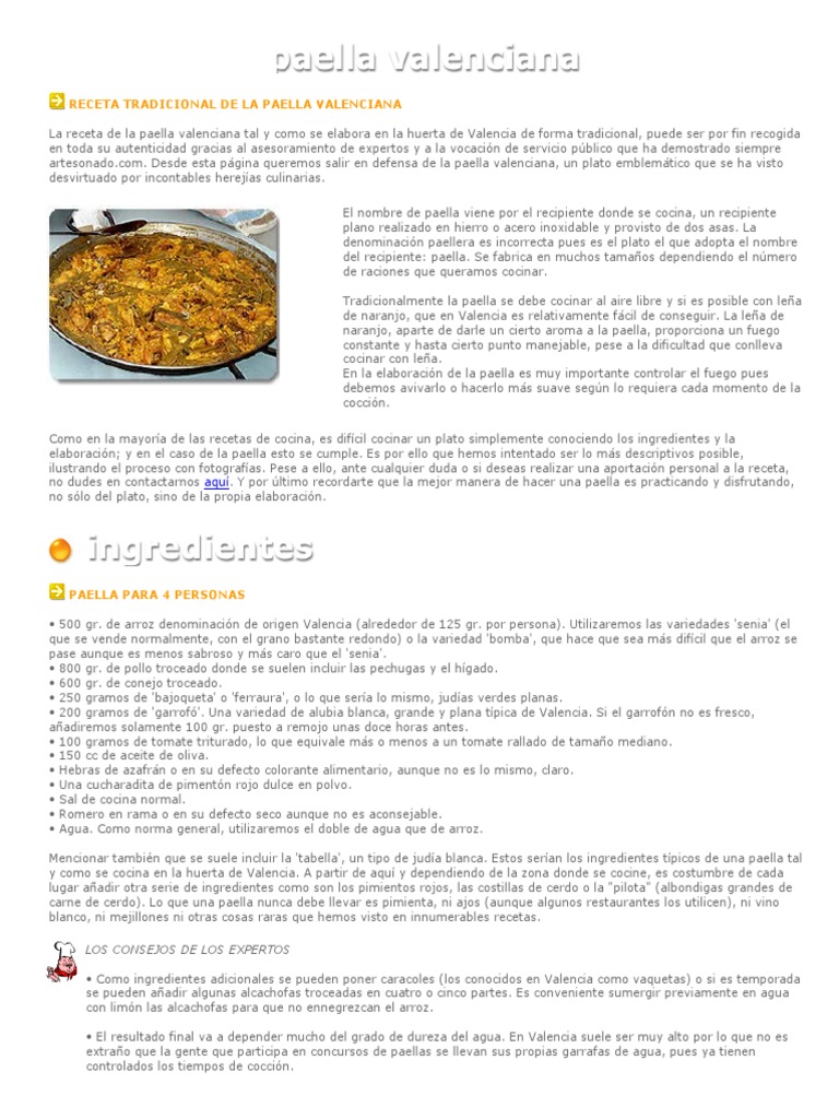 Receta Tradicional de La Paella Valenciana | PDF | Cocina | Comida y bebida