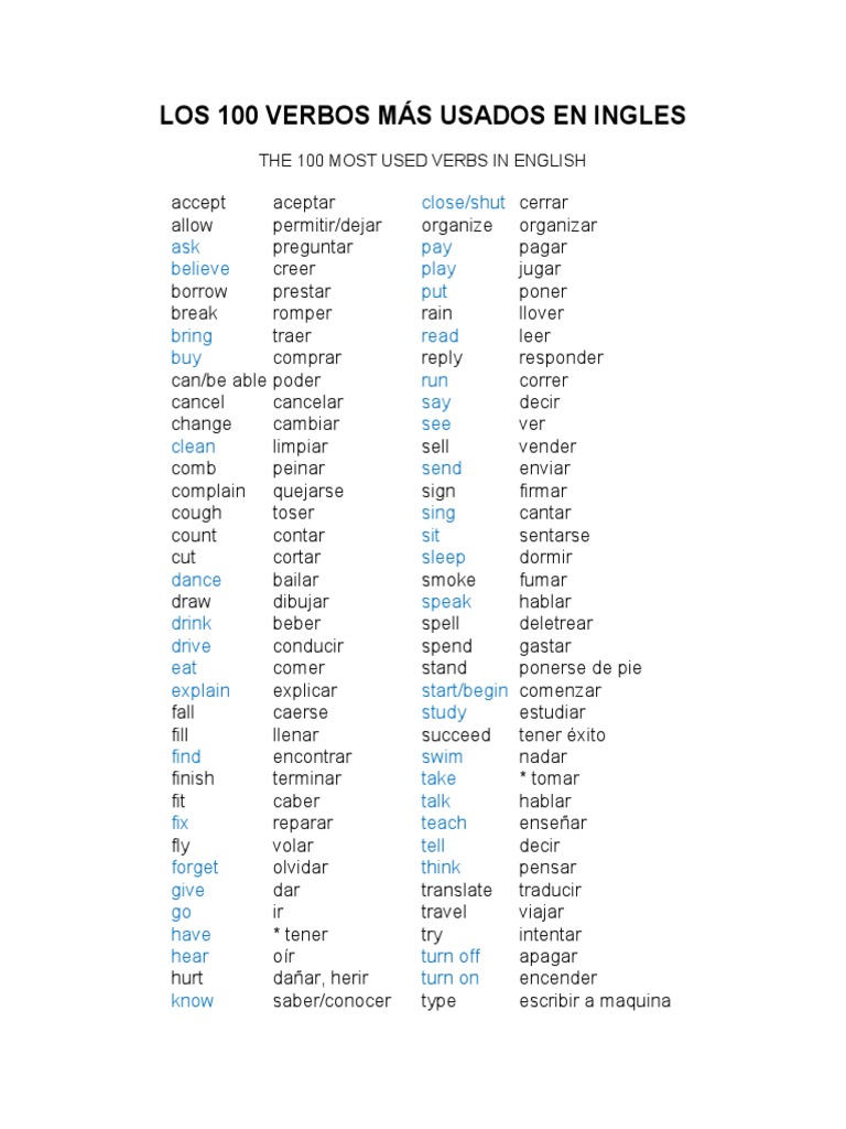 multitud Detectar Contratación Los 100 Verbos Mas Usados en Ingles | PDF
