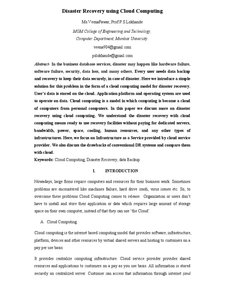 Disaster Recovery Using Cloud Computing | PDF