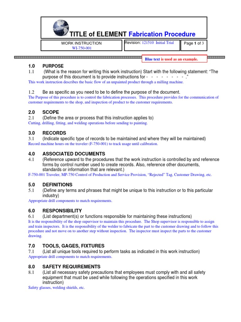 work Instruction sample Metal Fabrication Welding