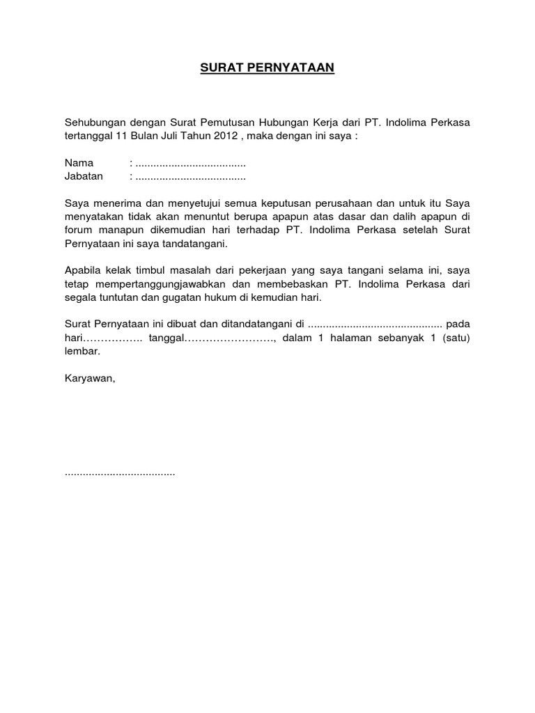 Surat Pernyataan Phk Karyawan