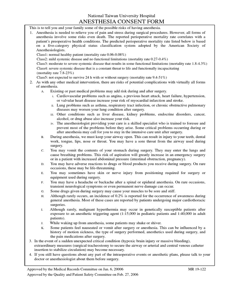 Anesthesia Consent Form PDF Anesthesia Surgery