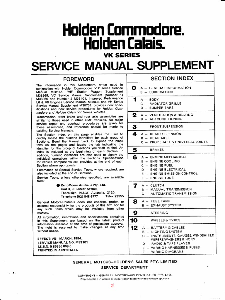 VK Commodore Workshop Manual | Mechanical Engineering | Manufactured Goods
