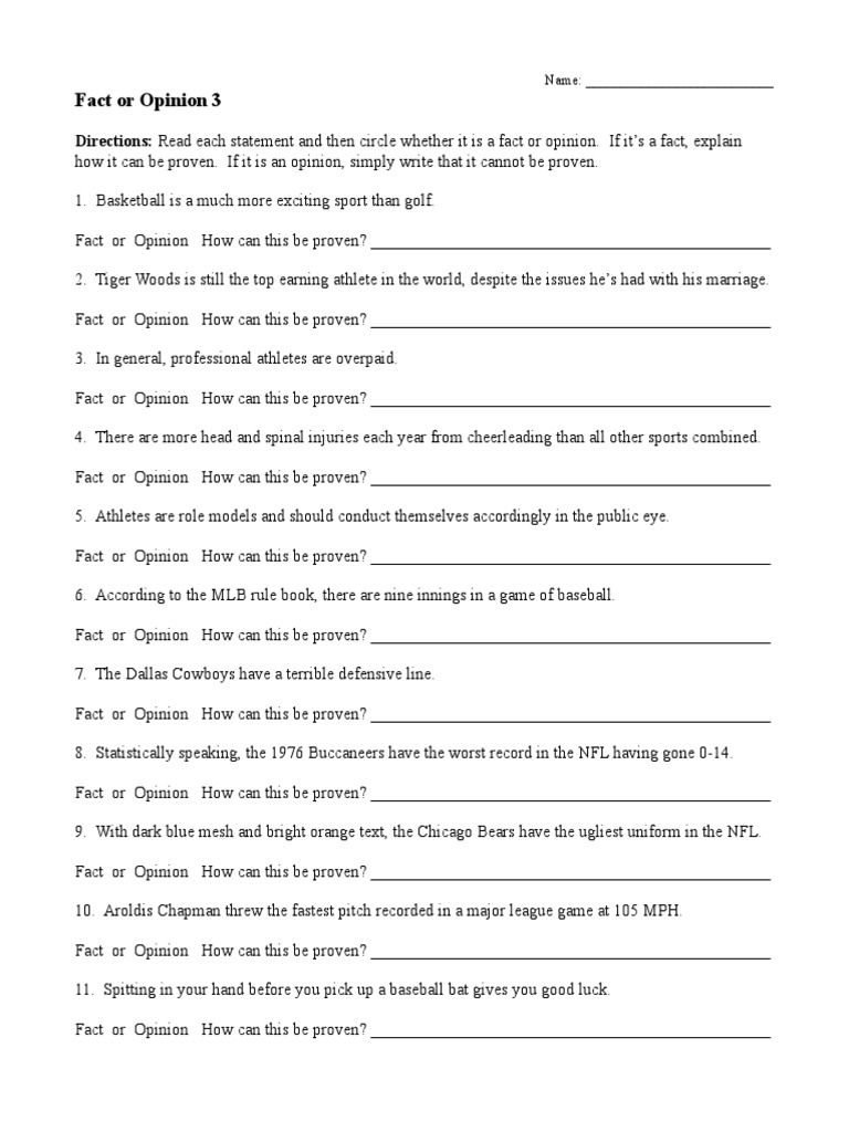 worksheet Facts And Opinions Worksheet hu fact and opinion worksheet 3 incl answers major league baseball american football