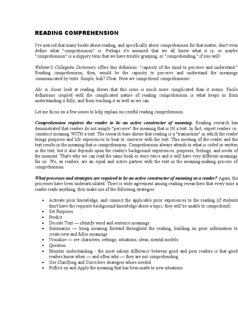 Reading Comprehension and Academic Performance Reading Comprehension