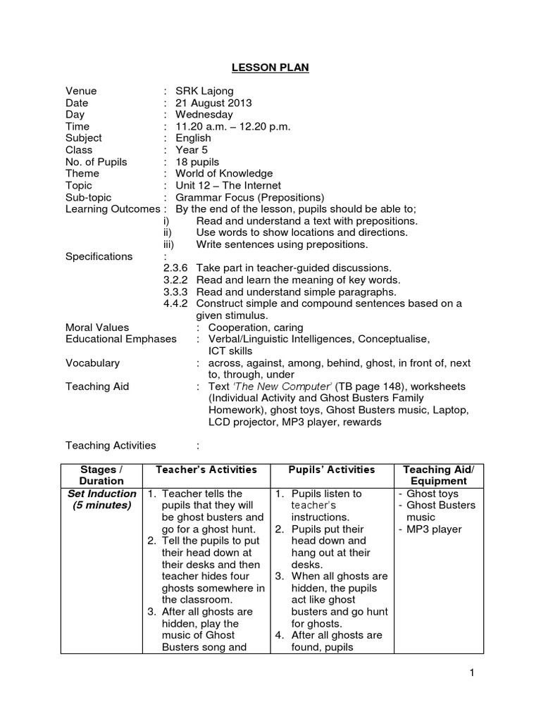 Lesson Plan (Grammar-Preposition) | Lesson Plan | Educational Technology