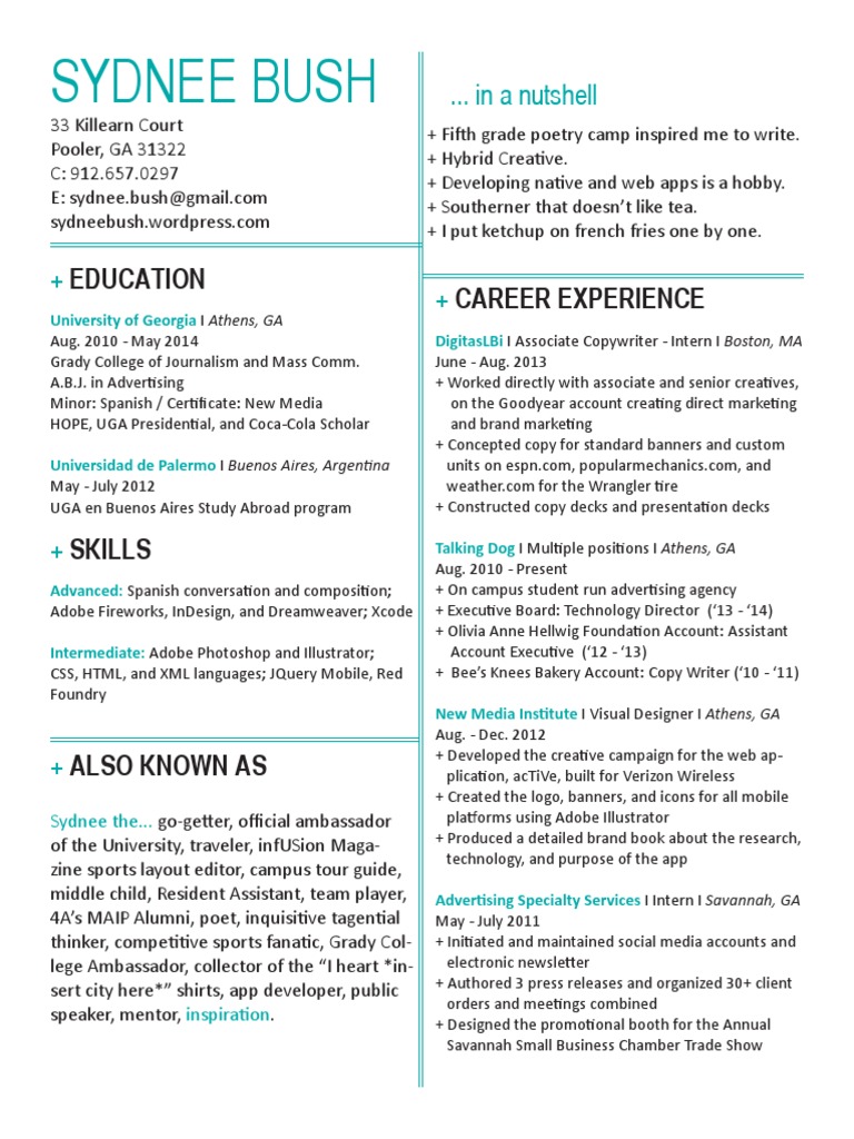 Sydnee Bush - Creative Resume | PDF | Mass Media | Communication