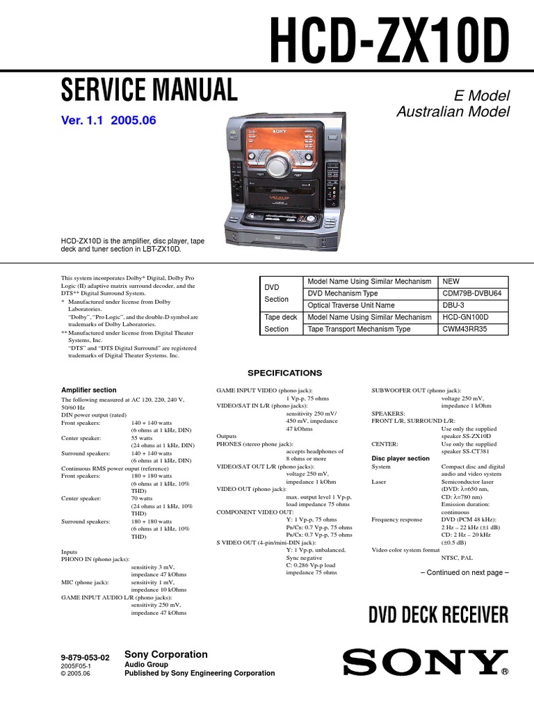 Manual De Servicio Estereo Sony Modelo Hcd Zx10d Compact Disc Dvd